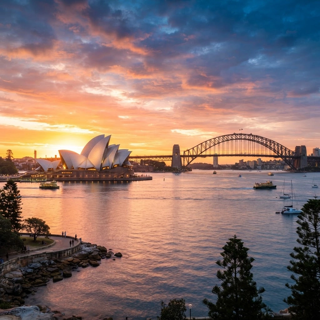 Sydney Opera House and Harbour Bridge at sunrise